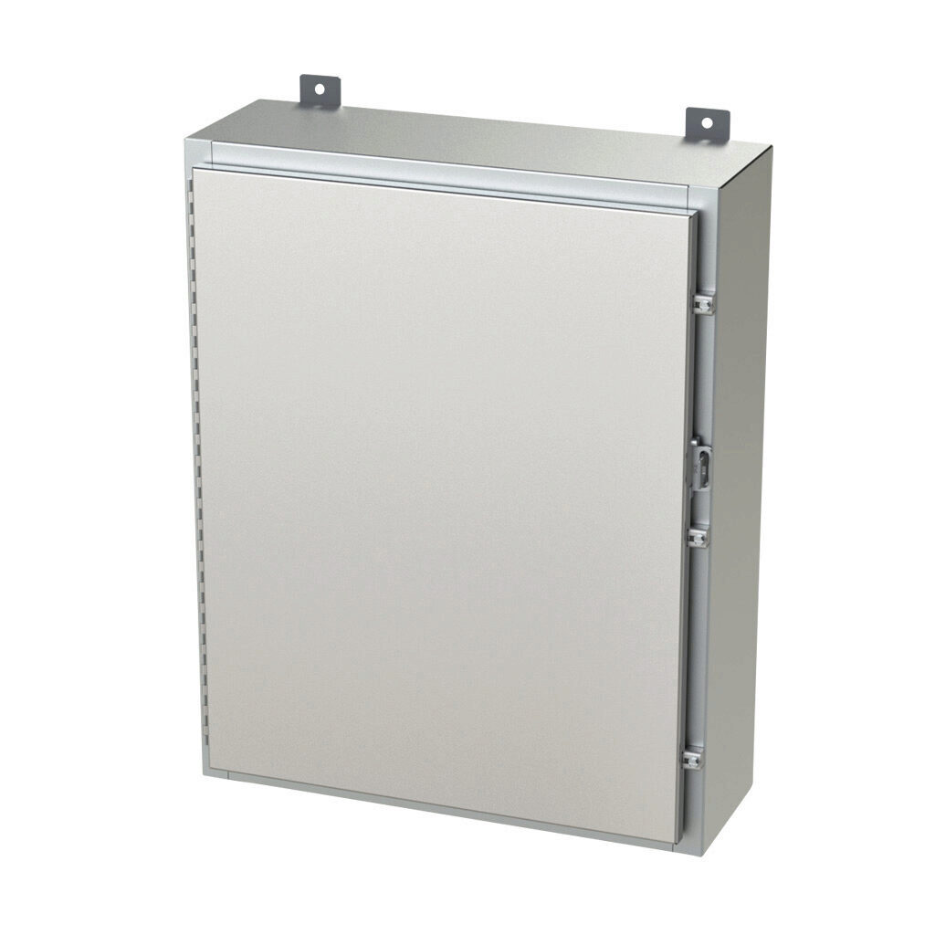 SCE-30H2408SS6LP - Saginaw enclosure, NEMA 3R/4/4X/12/13, 30 x 24 x 8in (HxWxD), wall mount, 316L stainless steel, #4 brush finish, single-door, stainless steel clamps, padlock hasp and staple.