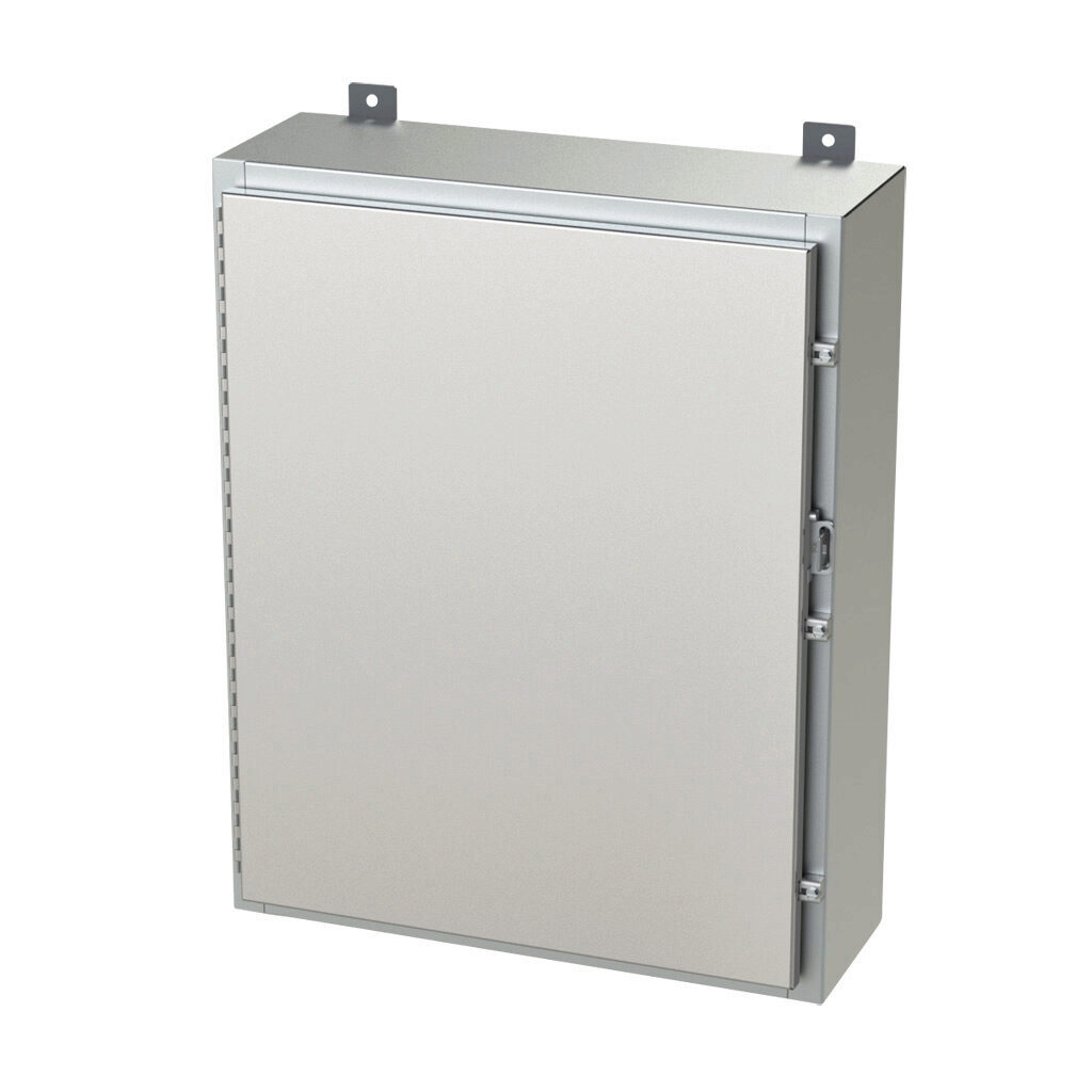 SCE-30H2408SSLP - Saginaw enclosure, NEMA 3R/4/4X/12/13, 30 x 24 x 8in (HxWxD), wall mount, 304 stainless steel, #4 brush finish, single-door, stainless steel clamps, padlock hasp and staple.