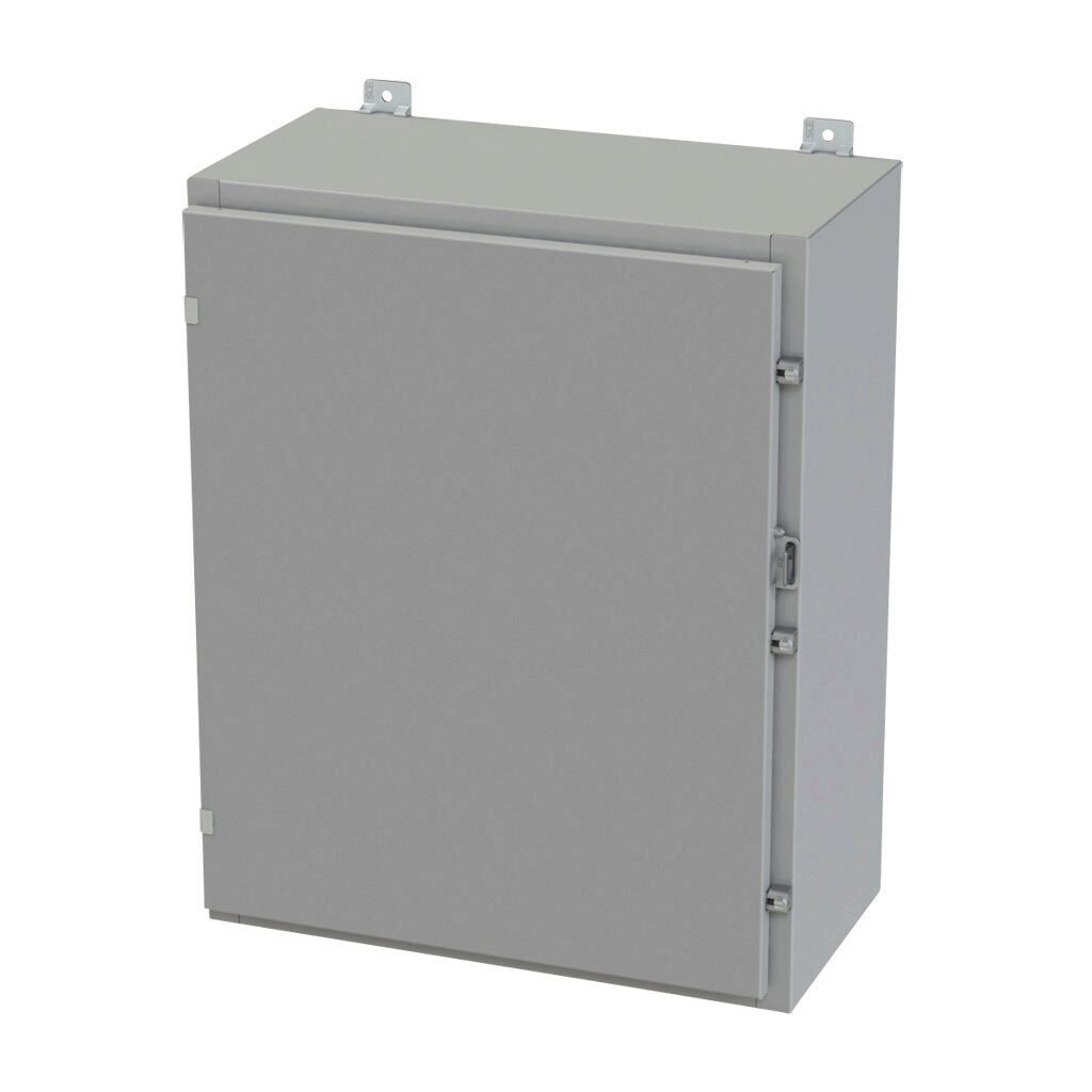 SCE-30H2412LP - Saginaw enclosure, NEMA 3R/4/12/13, 30 x 24 x 12in (HxWxD), wall mount, carbon steel, ANSI 61 gray, powder coat finish, single-door, plated steel clamps, padlock hasp and staple.