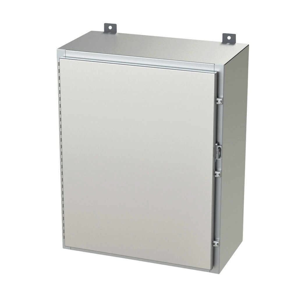 SCE-30H2412SS6LP - Saginaw enclosure, NEMA 3R/4/4X/12/13, 30 x 24 x 12in (HxWxD), wall mount, 316L stainless steel, #4 brush finish, single-door, stainless steel clamps, padlock hasp and staple.