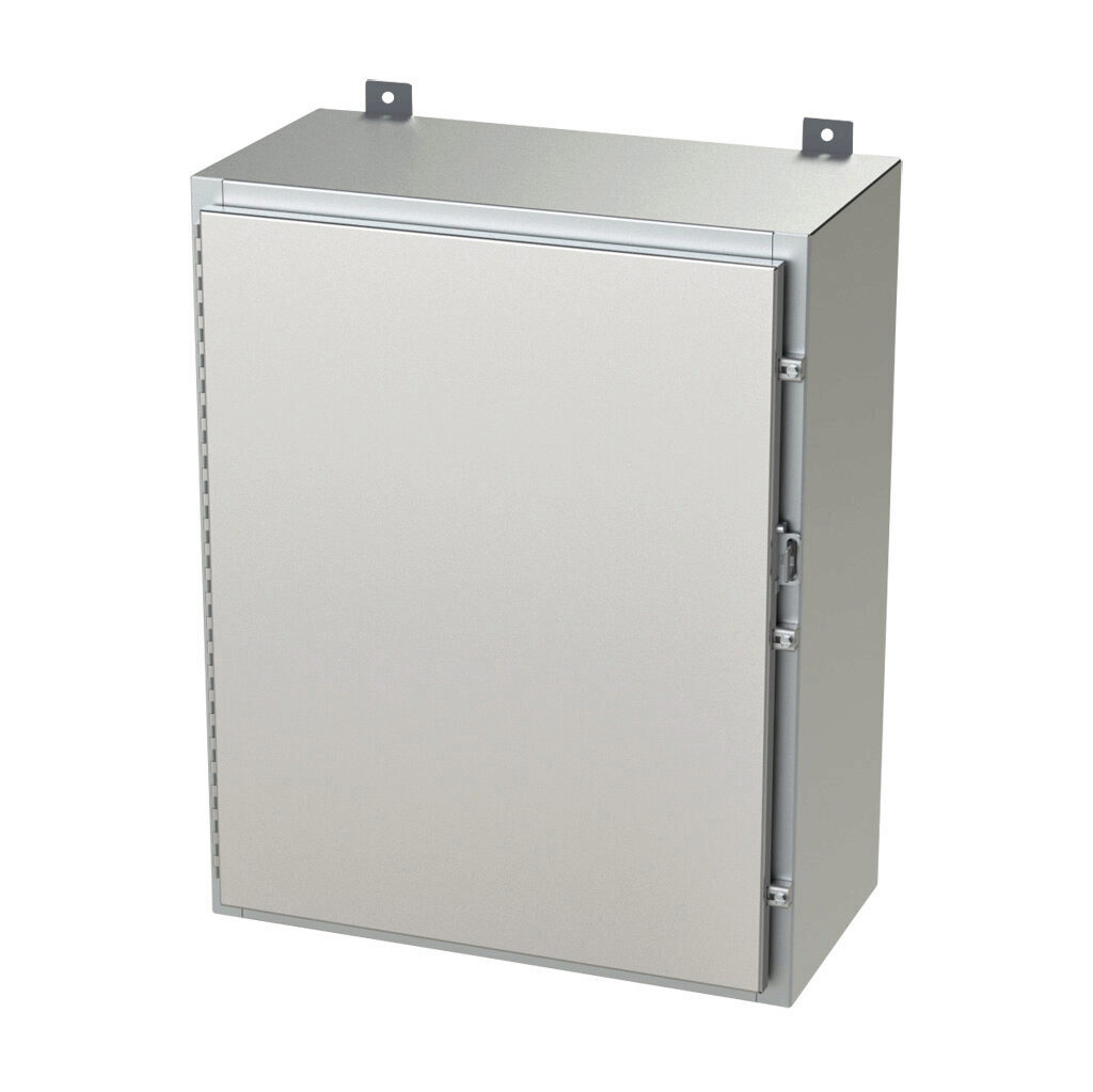 SCE-30H2412SSLP - Saginaw enclosure, NEMA 3R/4/4X/12/13, 30 x 24 x 12in (HxWxD), wall mount, 304 stainless steel, #4 brush finish, single-door, stainless steel clamps, padlock hasp and staple.