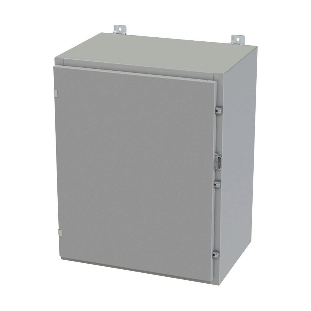 SCE-30H2416LP - Saginaw enclosure, NEMA 3R/4/12/13, 30 x 24 x 16in (HxWxD), wall mount, carbon steel, ANSI 61 gray, powder coat finish, single-door, plated steel clamps, padlock hasp and staple.