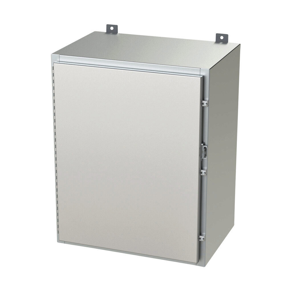 SCE-30H2416SS6LP - Saginaw enclosure, NEMA 3R/4/4X/12/13, 30 x 24 x 16in (HxWxD), wall mount, 316L stainless steel, #4 brush finish, single-door, stainless steel clamps, padlock hasp and staple.