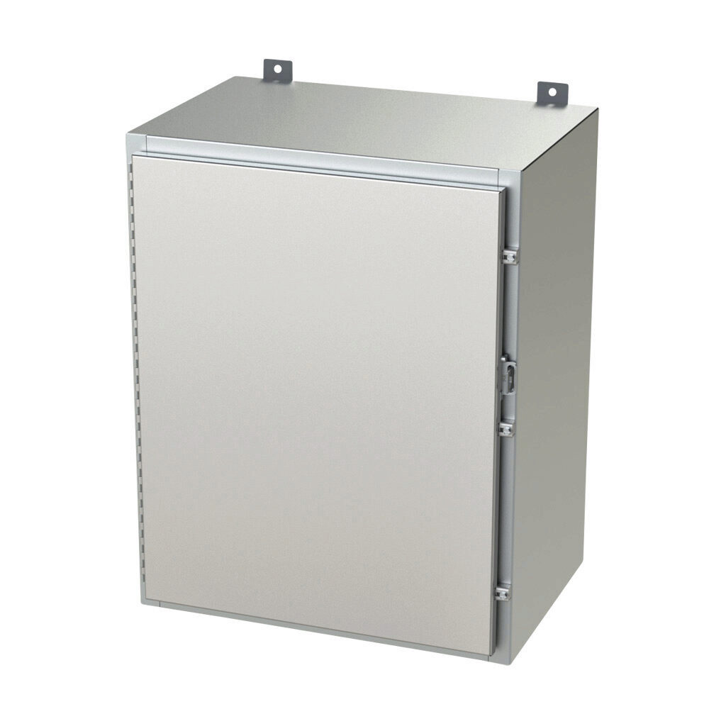 SCE-30H2416SSLP - Saginaw enclosure, NEMA 3R/4/4X/12/13, 30 x 24 x 16in (HxWxD), wall mount, 304 stainless steel, #4 brush finish, single-door, stainless steel clamps, padlock hasp and staple.