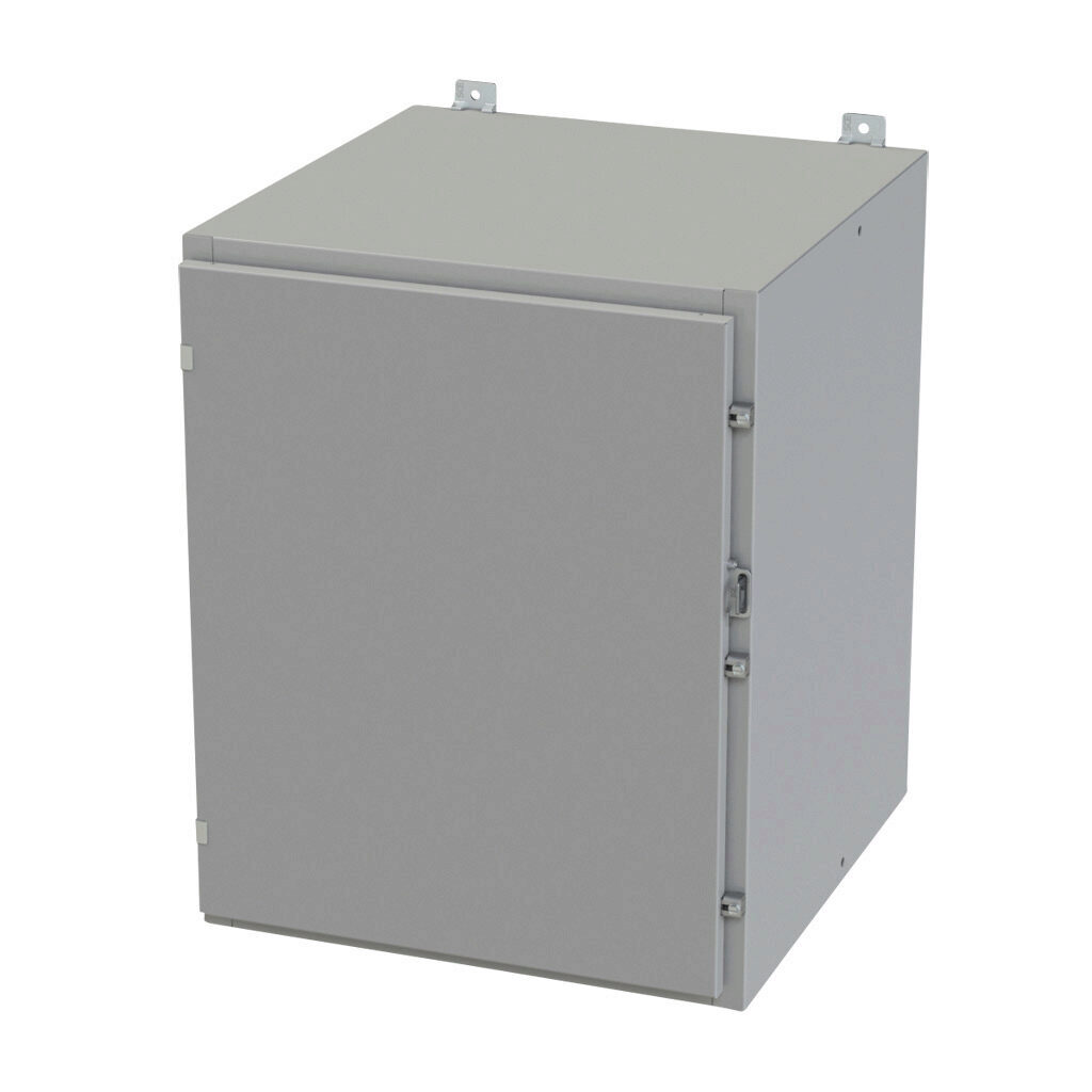 SCE-30H2424LP - Saginaw enclosure, NEMA 3R/4/12/13, 30 x 24 x 24in (HxWxD), wall mount, carbon steel, ANSI 61 gray, powder coat finish, single-door, plated steel clamps, padlock hasp and staple.