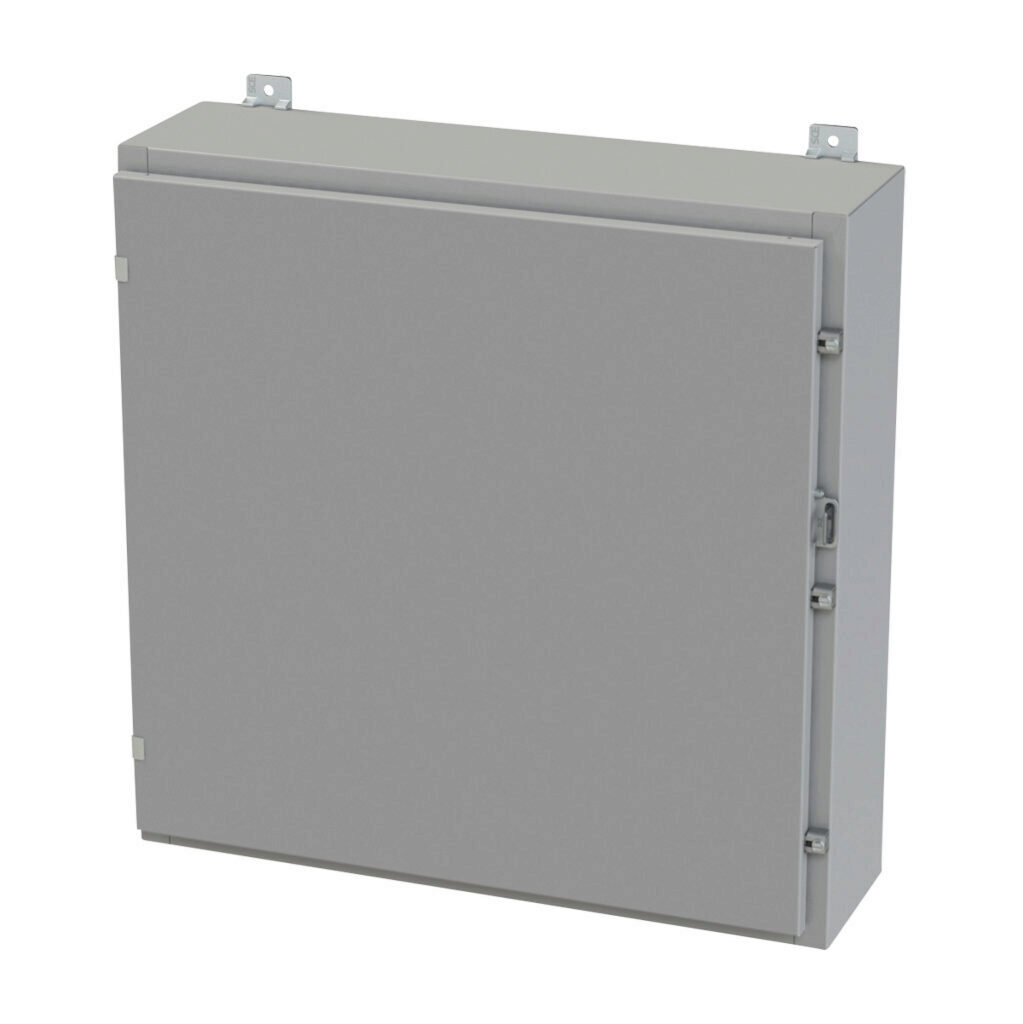 SCE-30H3008LP - Saginaw enclosure, NEMA 3R/4/12/13, 30 x 30 x 8in (HxWxD), wall mount, carbon steel, ANSI 61 gray, powder coat finish, single-door, plated steel clamps, padlock hasp and staple.