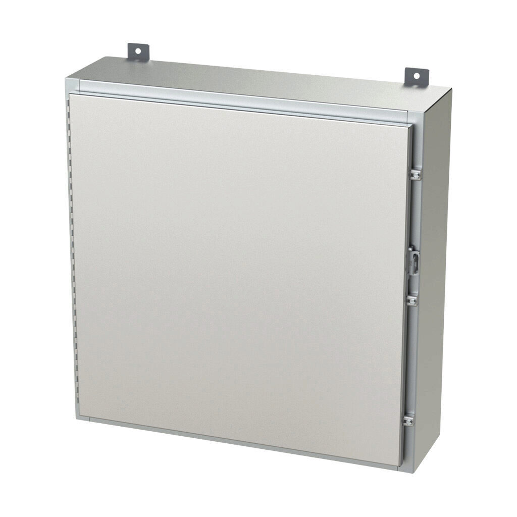 SCE-30H3008SS6LP - Saginaw enclosure, NEMA 3R/4/4X/12/13, 30 x 30 x 8in (HxWxD), wall mount, 316L stainless steel, #4 brush finish, single-door, stainless steel clamps, padlock hasp and staple.