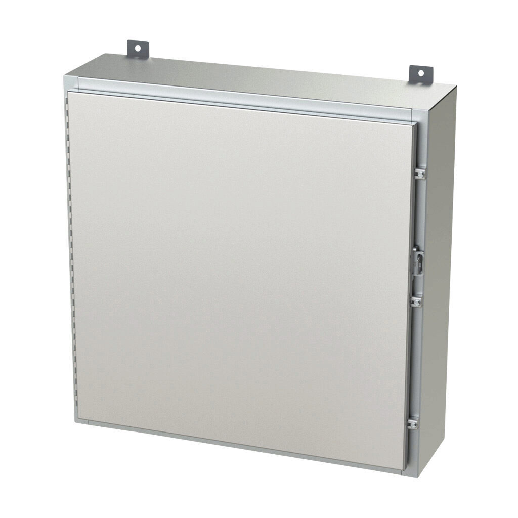 SCE-30H3008SSLP - Saginaw enclosure, NEMA 3R/4/4X/12/13, 30 x 30 x 8in (HxWxD), wall mount, 304 stainless steel, #4 brush finish, single-door, stainless steel clamps, padlock hasp and staple.
