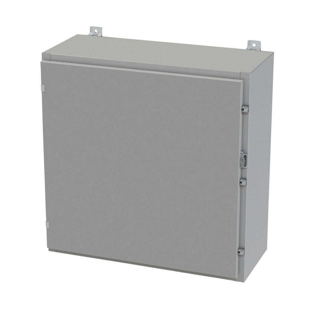 SCE-30H3012LP - Saginaw enclosure, NEMA 3R/4/12/13, 30 x 30 x 12in (HxWxD), wall mount, carbon steel, ANSI 61 gray, powder coat finish, single-door, plated steel clamps, padlock hasp and staple.