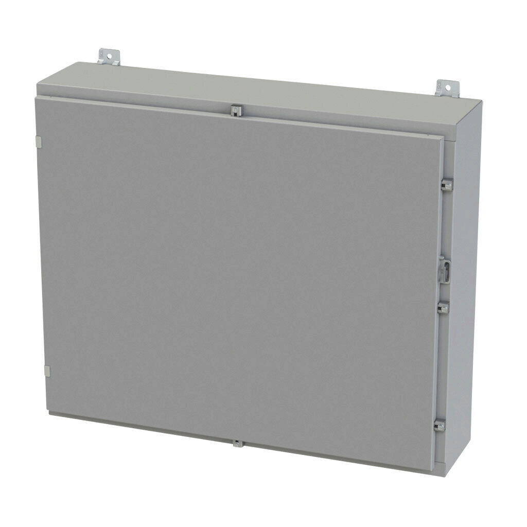 SCE-30H3608LP - Saginaw enclosure, NEMA 3R/4/12/13, 30 x 36 x 8in (HxWxD), wall mount, carbon steel, ANSI 61 gray, powder coat finish, single-door, plated steel clamps, padlock hasp and staple.