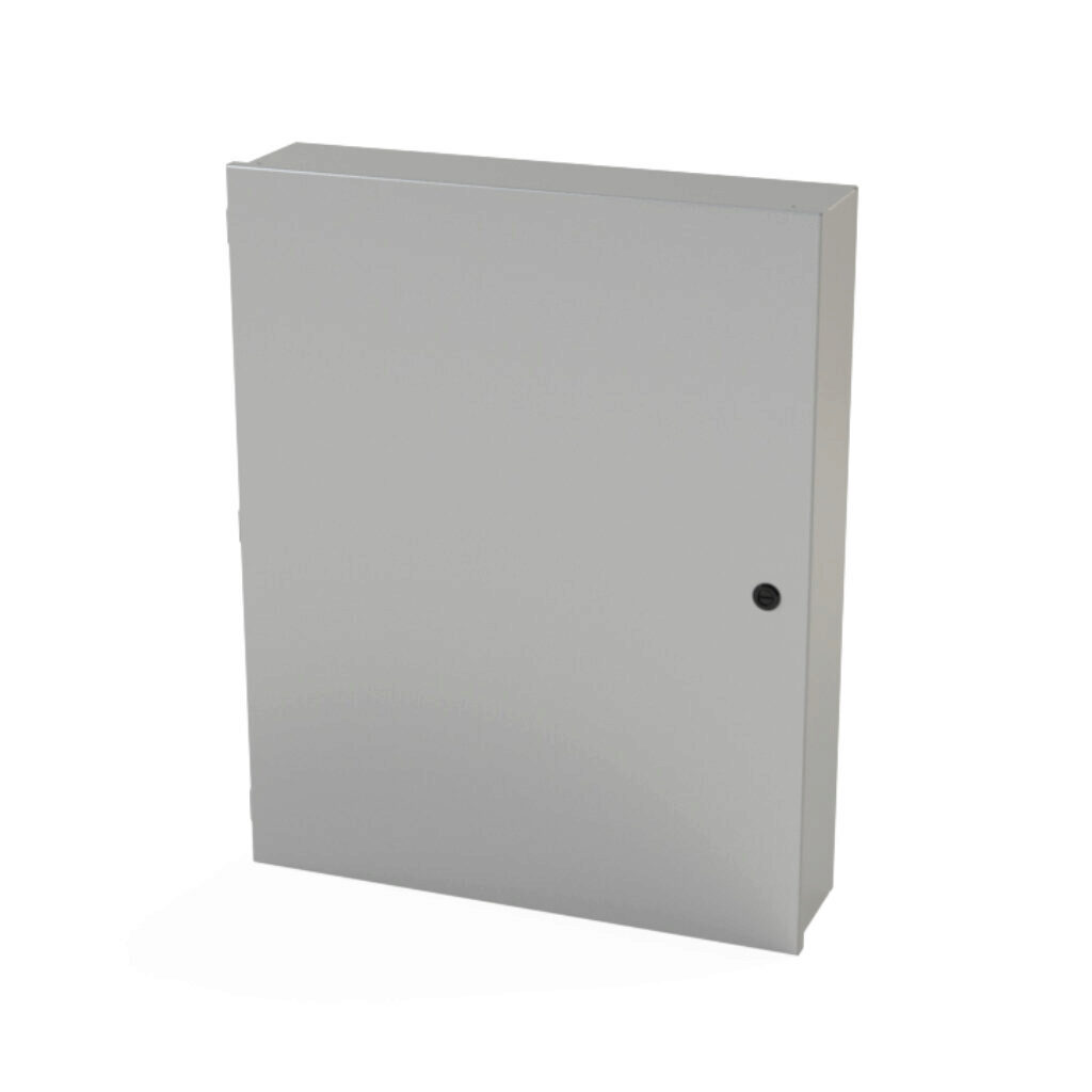 SCE-30N2406LP - Saginaw enclosure, NEMA 1, 30 x 24 x 6in (HxWxD), wall mount, carbon steel, ANSI 61 gray, powder coat finish, single-door, 1/4-turn semi-flush latch.