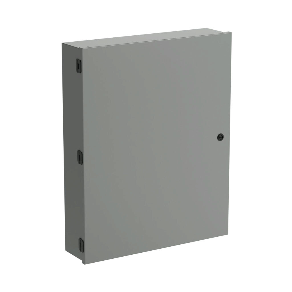 SCE-30N2406NKLP - Saginaw enclosure, NEMA 1, 30 x 24 x 6in (HxWxD), wall mount, with knockouts, carbon steel, ANSI 61 gray, powder coat finish, single-door, 1/4-turn semi-flush latch.