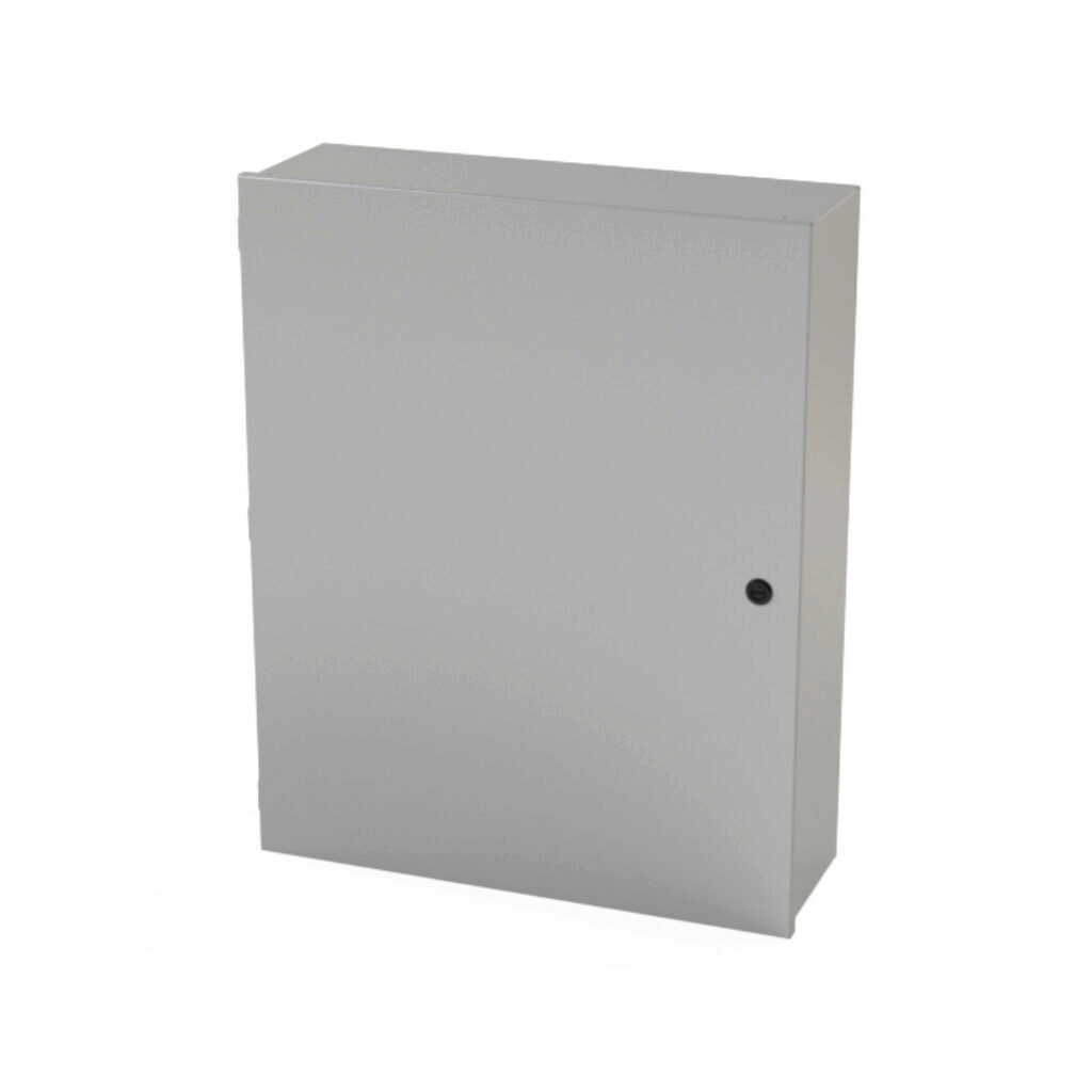 SCE-30N2408LP - Saginaw enclosure, NEMA 1, 30 x 24 x 8in (HxWxD), wall mount, carbon steel, ANSI 61 gray, powder coat finish, single-door, 1/4-turn semi-flush latch.