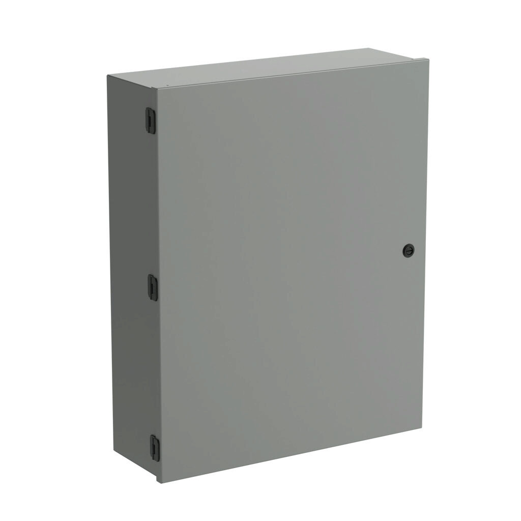SCE-30N2408NKLP - Saginaw enclosure, NEMA 1, 30 x 24 x 8in (HxWxD), wall mount, with knockouts, carbon steel, ANSI 61 gray, powder coat finish, single-door, 1/4-turn semi-flush latch.