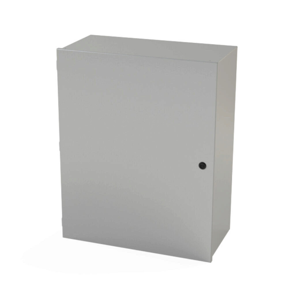 SCE-30N2412LP - Saginaw enclosure, NEMA 1, 30 x 24 x 12in (HxWxD), wall mount, carbon steel, ANSI 61 gray, powder coat finish, single-door, 1/4-turn semi-flush latch.
