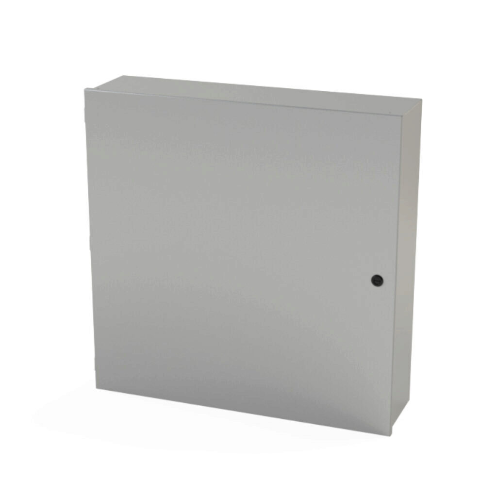 SCE-30N3008LP - Saginaw enclosure, NEMA 1, 30 x 30 x 8in (HxWxD), wall mount, carbon steel, ANSI 61 gray, powder coat finish, single-door, 1/4-turn semi-flush latch.