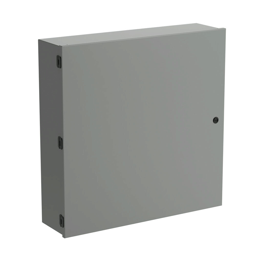 SCE-30N3008NKLP - Saginaw enclosure, NEMA 1, 30 x 30 x 8in (HxWxD), wall mount, with knockouts, carbon steel, ANSI 61 gray, powder coat finish, single-door, 1/4-turn semi-flush latch.