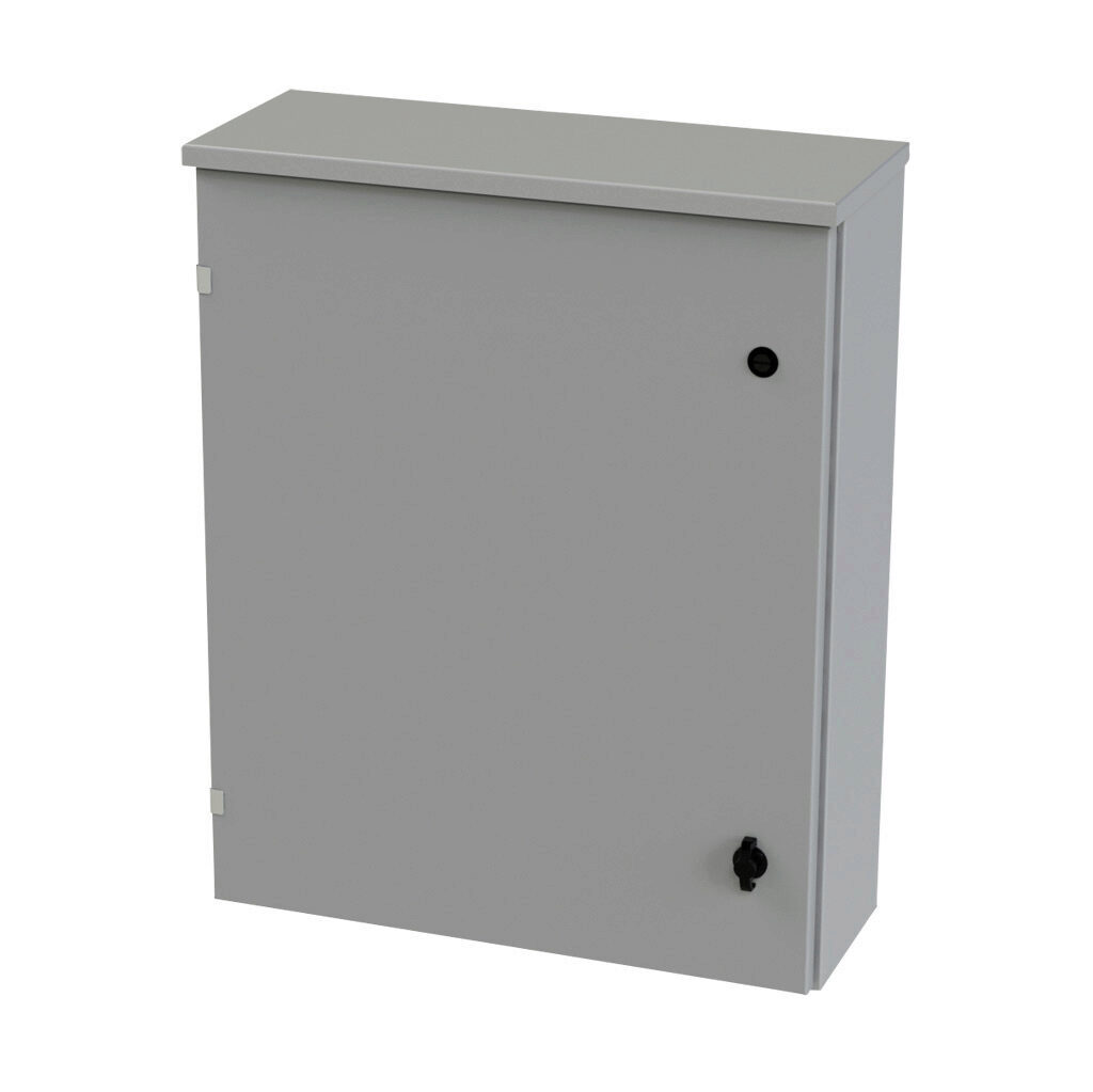 SCE-30R2408LP - Saginaw enclosure, NEMA 3R, 30 x 24 x 8in (HxWxD), wall mount, carbon steel, ANSI 61 gray, powder coat finish, single-door, 1/4-turn padlocking wing handle.