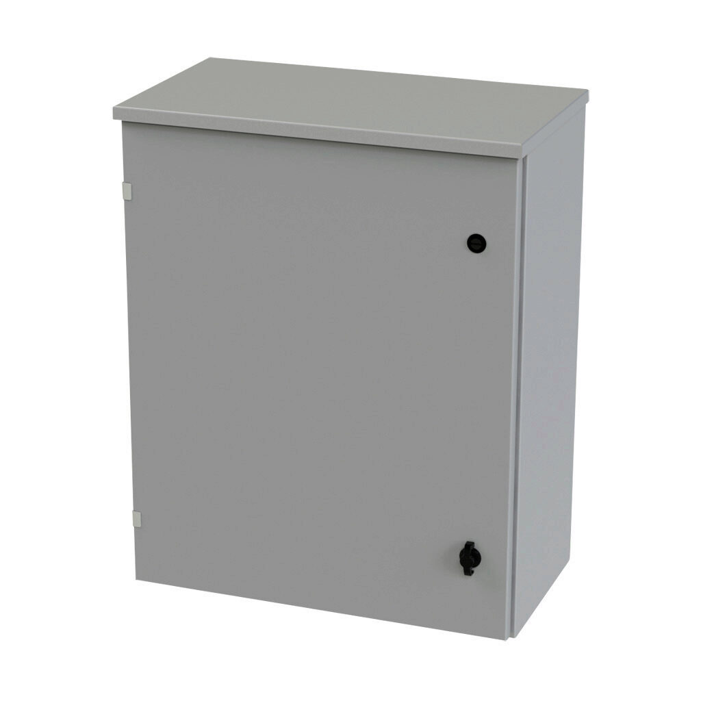 SCE-30R2412LP - Saginaw enclosure, NEMA 3R, 30 x 24 x 12in (HxWxD), wall mount, carbon steel, ANSI 61 gray, powder coat finish, single-door, 1/4-turn padlocking wing handle.
