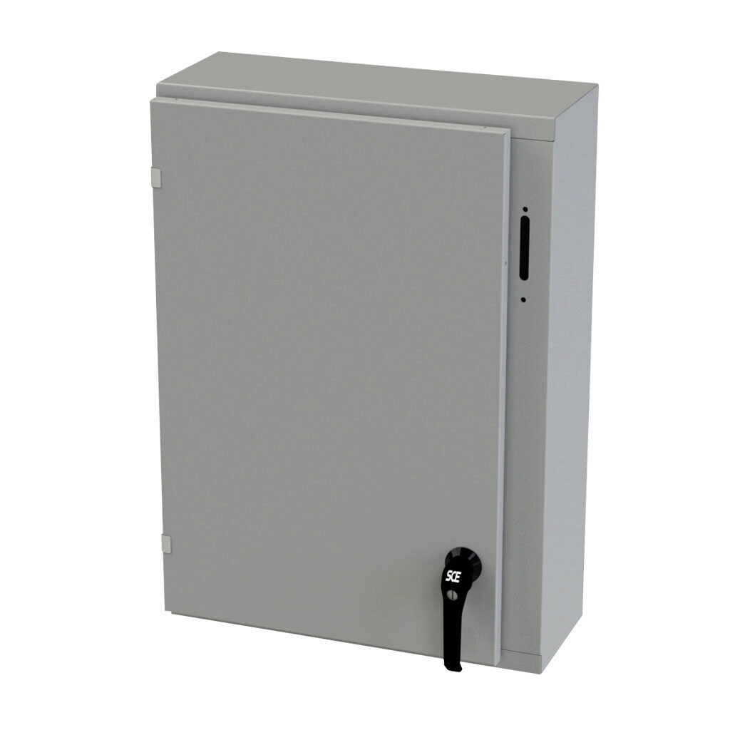 SCE-30XEL2108LP - Saginaw Enviroline series disconnect enclosure, NEMA 3R/4/12/13, right flange, 30 x 21 x 8in (HxWxD), wall mount, carbon steel, ANSI 61 gray, powder coat finish, single-door, 2-point padlocking handle, purchase subpanel separately.