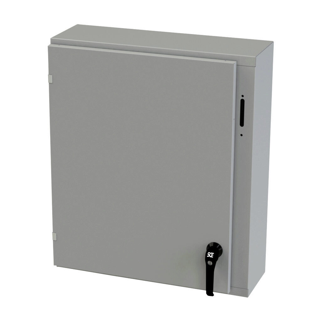 SCE-30XEL2508LP - Saginaw Enviroline series disconnect enclosure, NEMA 3R/4/12/13, right flange, 30 x 25 x 8in (HxWxD), wall mount, carbon steel, ANSI 61 gray, powder coat finish, single-door, 2-point padlocking handle, purchase subpanel separately.