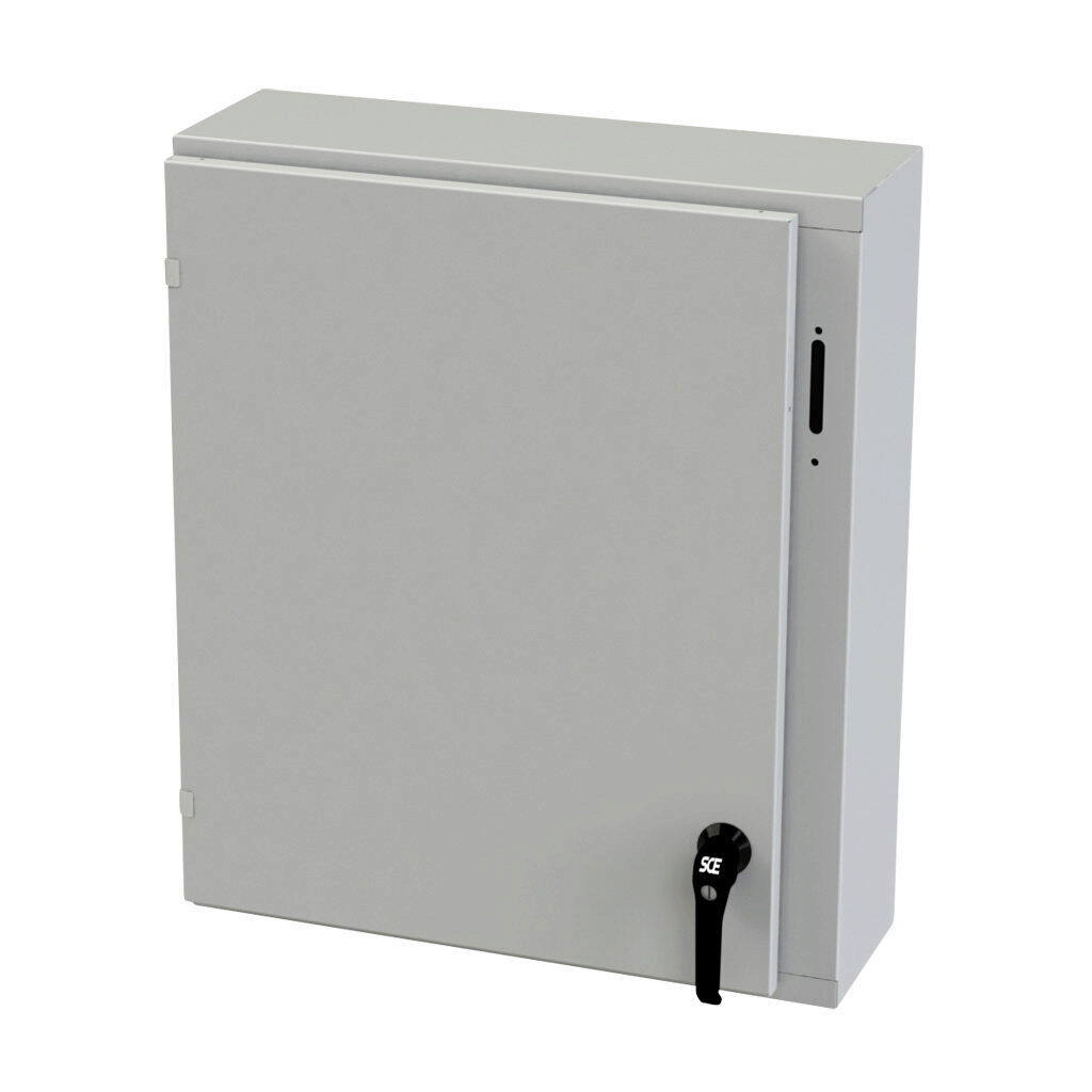 SCE-30XEL2508LPLG - Saginaw Enviroline series disconnect enclosure, NEMA 3R/4/12/13, right flange, 30 x 25 x 8in (HxWxD), wall mount, carbon steel, RAL 7035 light gray, powder coat finish, single-door, 2-point padlocking handle, purchase subpanel ...