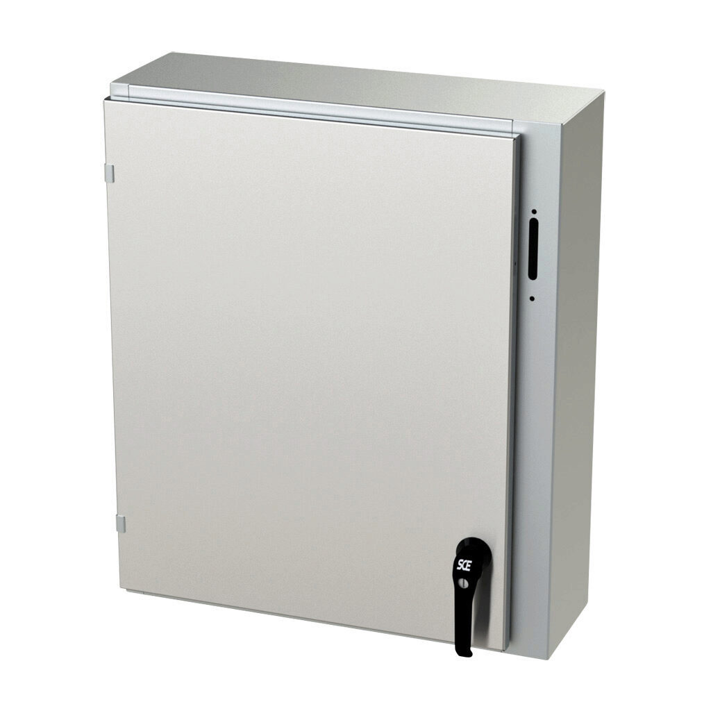 SCE-30XEL2508SS6LP - Saginaw Enviroline series disconnect enclosure, NEMA 3R/4/4X/12/13, right flange, 30 x 25 x 8in (HxWxD), wall mount, 316L stainless steel, #4 brush finish, single-door, 2-point padlocking handle, purchase subpanel separately.
