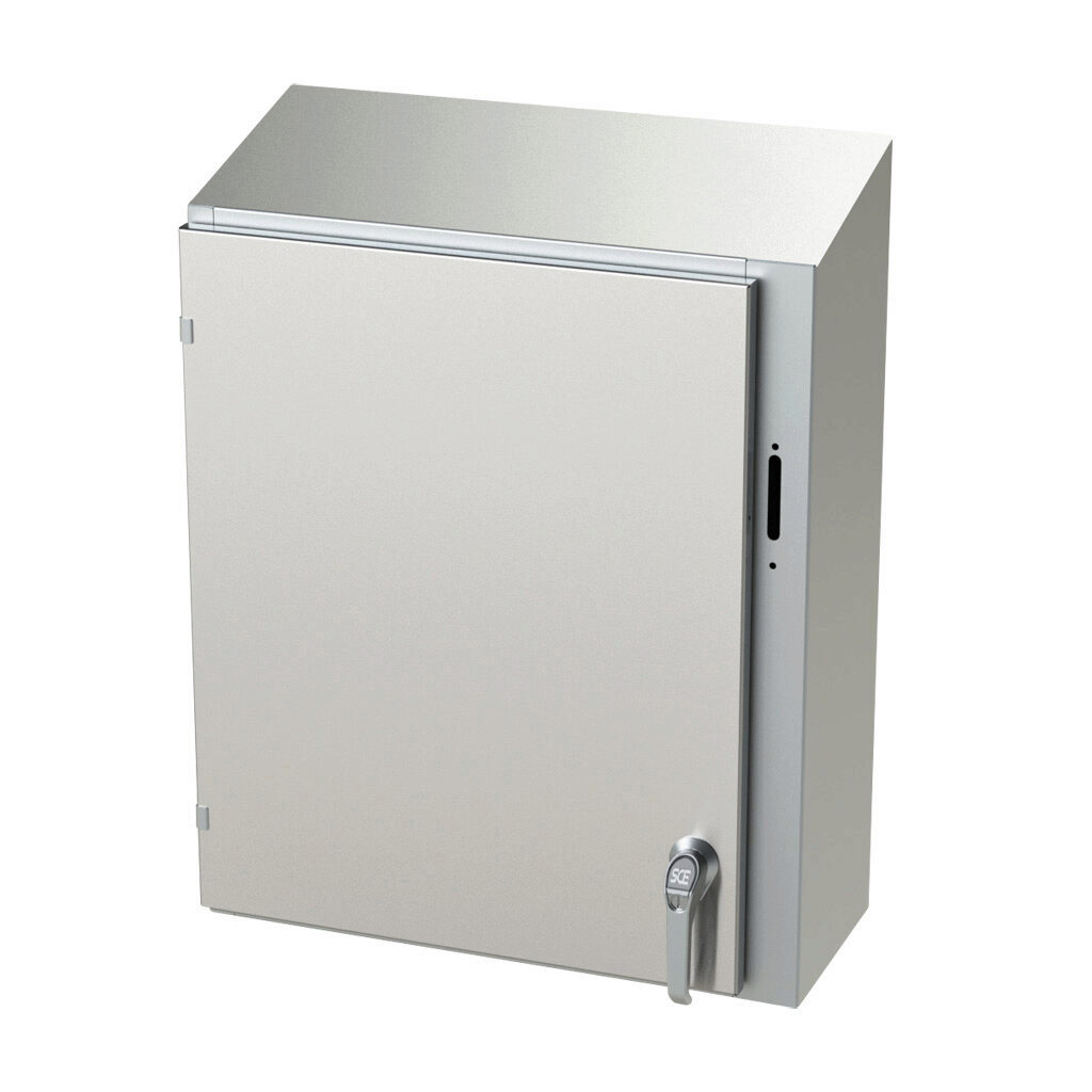 SCE-30XEL2510SSST - Saginaw Enviroline series disconnect enclosure, slope top, NEMA 3R/4/4X/12/13, right flange, 30 x 25 x 10in (HxWxD), wall mount, 304 stainless steel, #4 brush finish, single-door, 2-point padlocking handle, purchase subpanel se...
