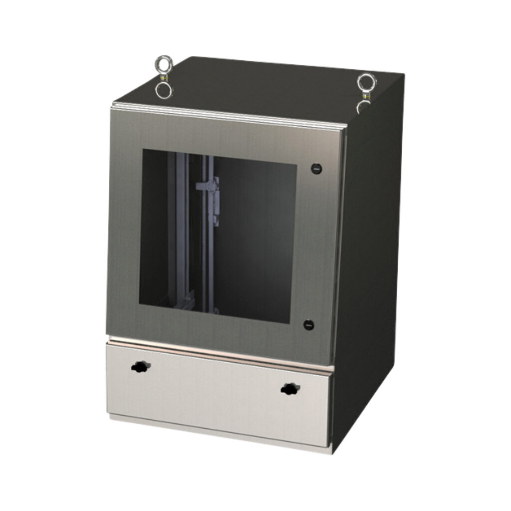 SCE-342424SSWS - Saginaw workstation, NEMA 4/4X/12/13, 34 x 24 x 24in (HxWxD), desktop or pedestal mount, dual access, 304 stainless steel, #4 brush finish, single-door with keyboard drawer, 3-point keylocking flush swing handle, polycarbonate win...