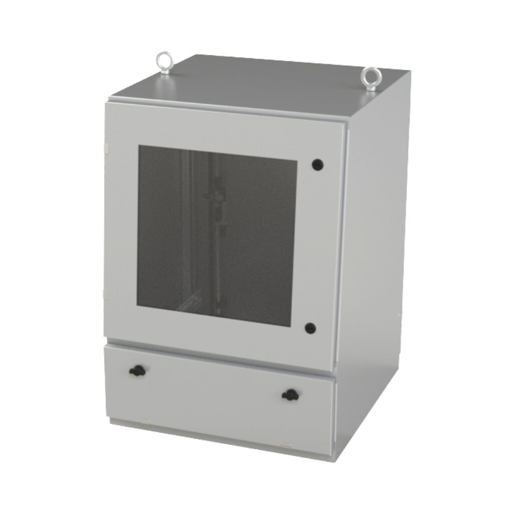 SCE-342424WS - Saginaw workstation, NEMA 12/13, 34 x 24 x 24in (HxWxD), desktop or pedestal mount, dual access, carbon steel, RAL 7035 light gray, powder coat finish, single-door with keyboard drawer, 3-point keylocking flush swing handle, polycar...