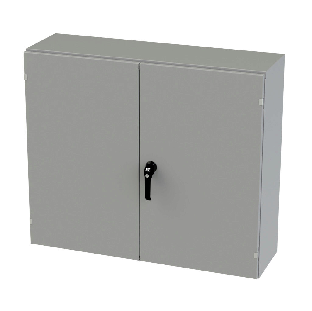 SCE-364212WFLP - Saginaw enclosure, NEMA 3R/12/13, 36 x 42 x 12in (HxWxD), wall mount, carbon steel, ANSI 61 gray, powder coat finish, double-door, 3-point keylocking/padlocking combo handle.