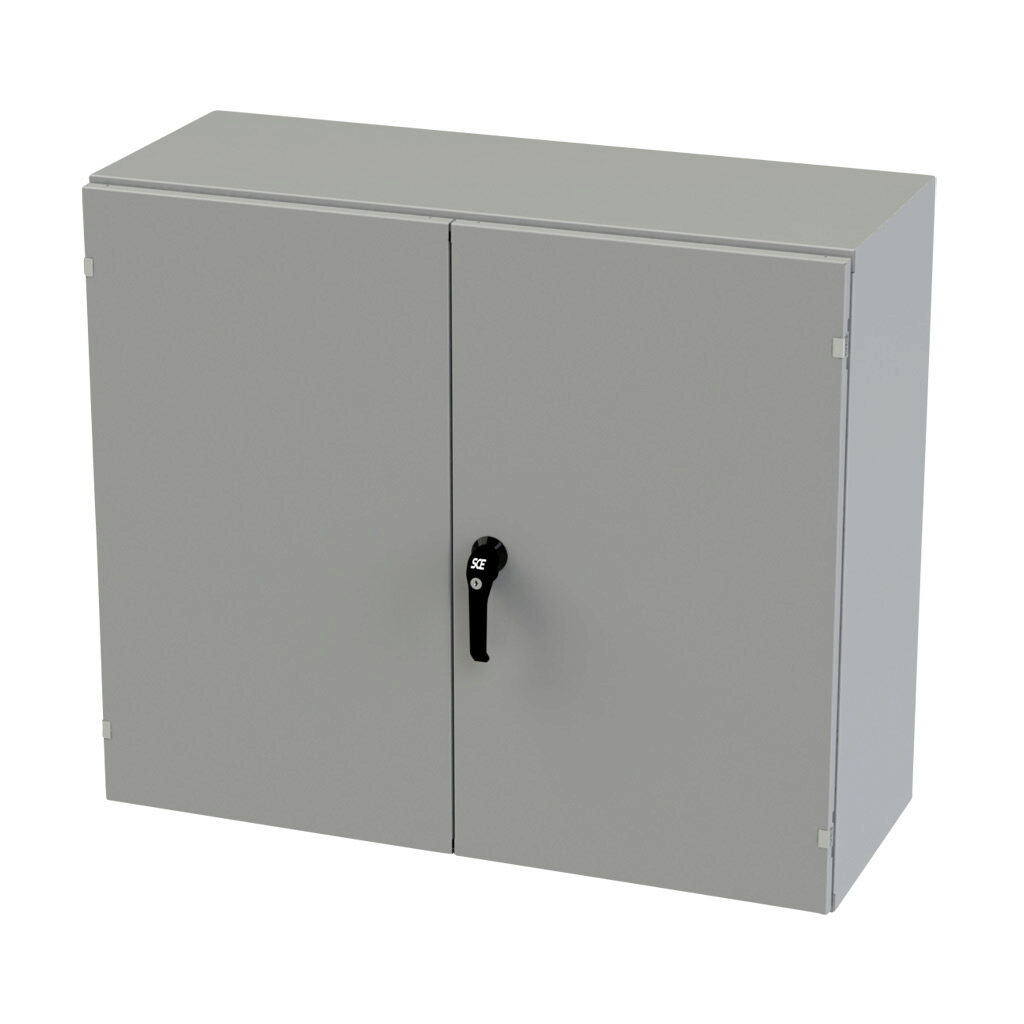 SCE-364216WFLP - Saginaw enclosure, NEMA 3R/12/13, 36 x 42 x 16in (HxWxD), wall mount, carbon steel, ANSI 61 gray, powder coat finish, double-door, 3-point keylocking/padlocking combo handle.