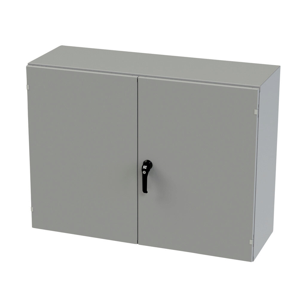 SCE-364816WFLP - Saginaw enclosure, NEMA 3R/12/13, 36 x 48 x 16in (HxWxD), wall mount, carbon steel, ANSI 61 gray, powder coat finish, double-door, 3-point keylocking/padlocking combo handle.