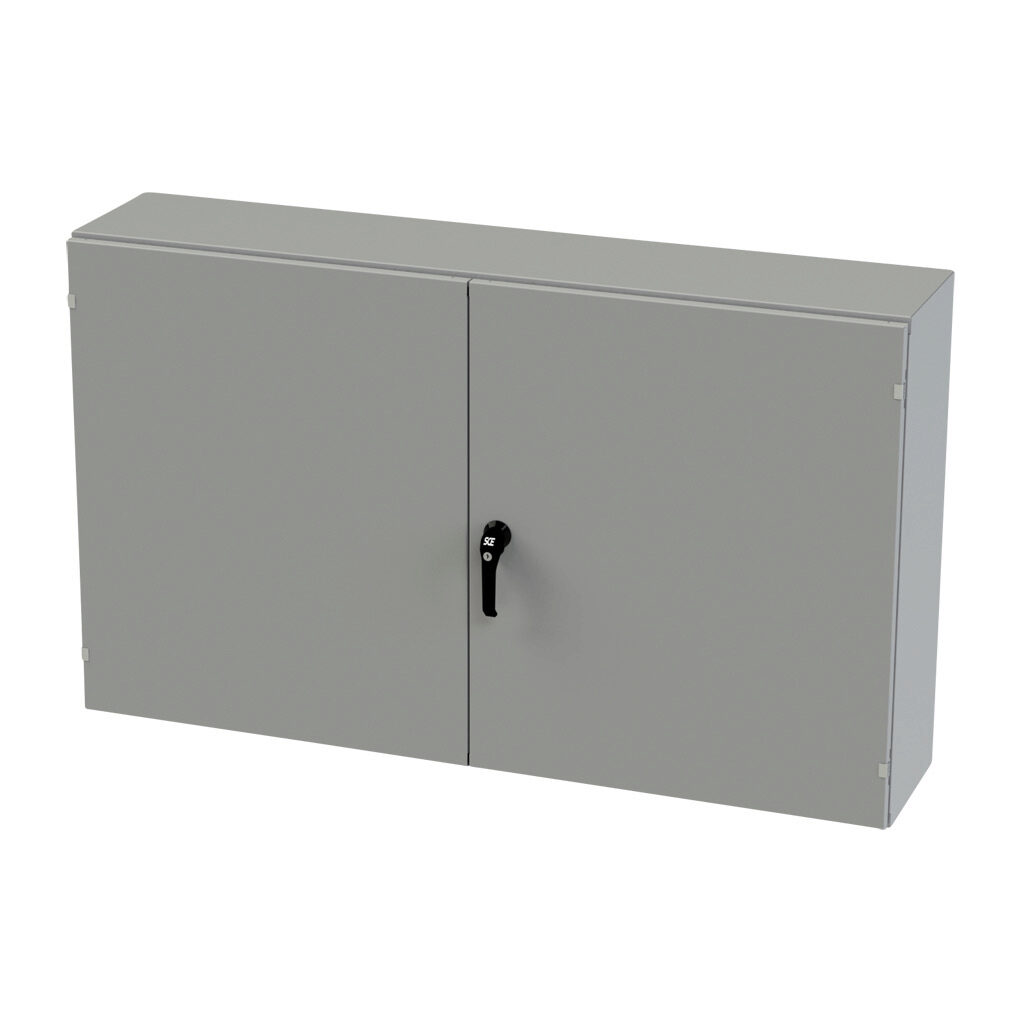 SCE-366012WFLP - Saginaw enclosure, NEMA 3R/12/13, 36 x 60 x 12in (HxWxD), wall mount, carbon steel, ANSI 61 gray, powder coat finish, double-door, 3-point keylocking/padlocking combo handle.