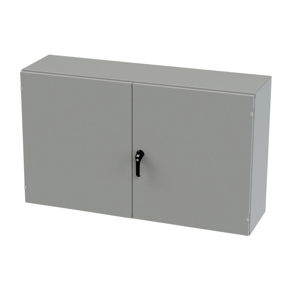SCE-366016WFLP - Saginaw enclosure, NEMA 3R/12/13, 36 x 60 x 16in (HxWxD), wall mount, carbon steel, ANSI 61 gray, powder coat finish, double-door, 3-point keylocking/padlocking combo handle.