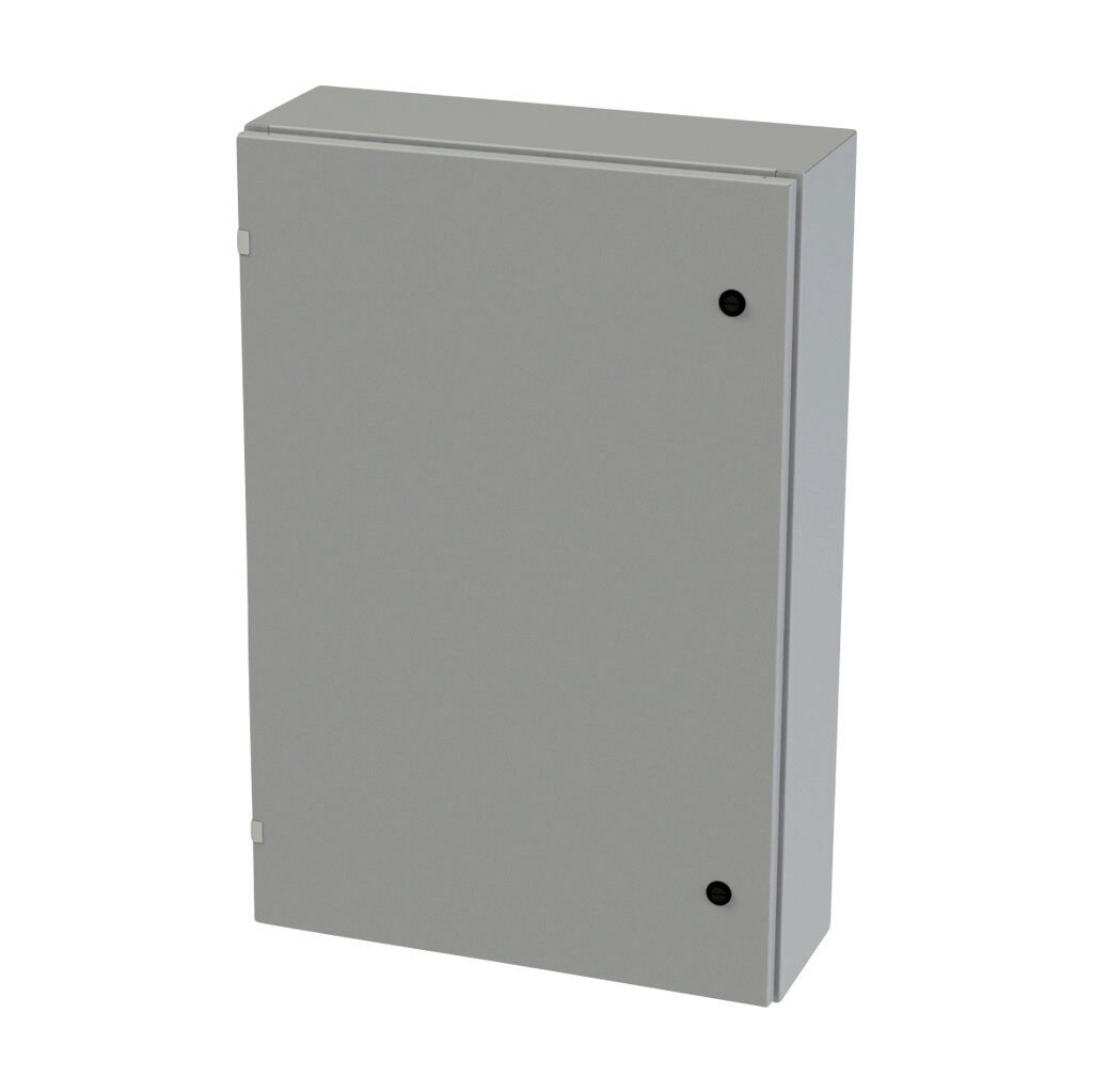 SCE-36EL2408LP - Saginaw Enviroline series enclosure, NEMA 3R/4/12/13, 36 x 24 x 8in (HxWxD), wall mount, carbon steel, ANSI 61 gray, powder coat finish, single-door, 1/4-turn semi-flush latch.