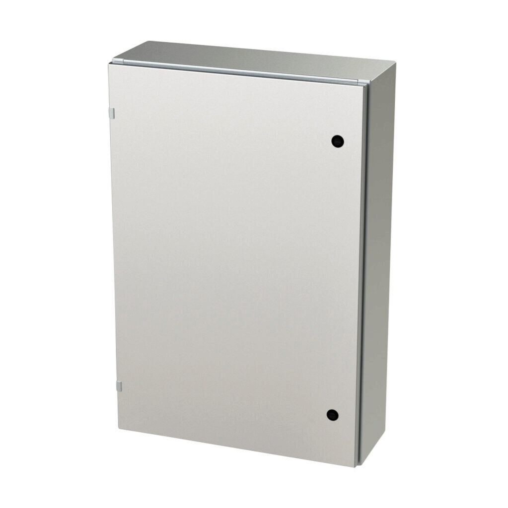 SCE-36EL2408SS6LP - Saginaw Enviroline series enclosure, NEMA 3R/4/4X/12/13, 36 x 24 x 8in (HxWxD), wall mount, 316L stainless steel, #4 brush finish, single-door, 1/4-turn semi-flush latch.