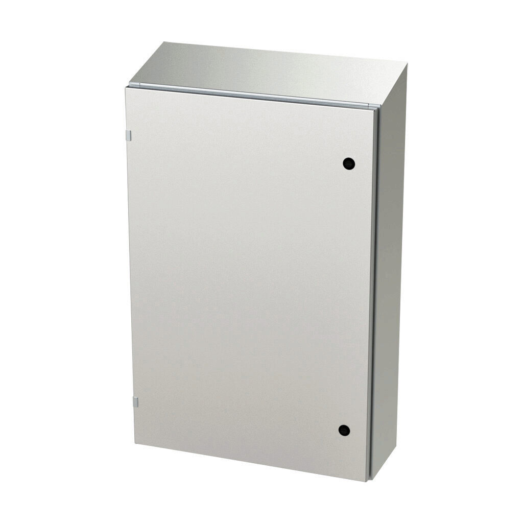 SCE-36EL2408SSST - Saginaw Enviroline series enclosure, slope top, NEMA 3R/4/4X/12/13, 36 x 24 x 8in (HxWxD), wall mount, 304 stainless steel, #4 brush finish, single-door, 1/4-turn semi-flush latch.