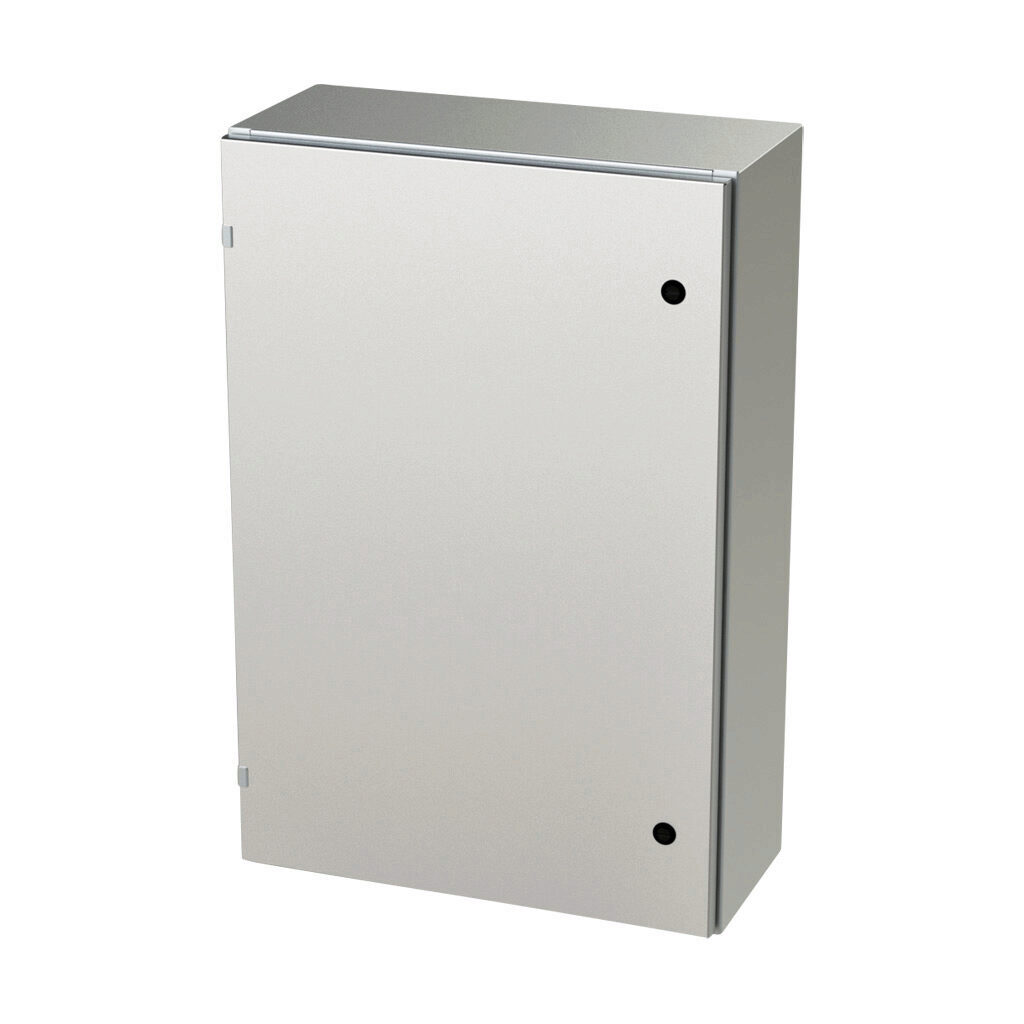 SCE-36EL2410SS6LP - Saginaw Enviroline series enclosure, NEMA 3R/4/4X/12/13, 36 x 24 x 10in (HxWxD), wall mount, 316L stainless steel, #4 brush finish, single-door, 1/4-turn semi-flush latch.
