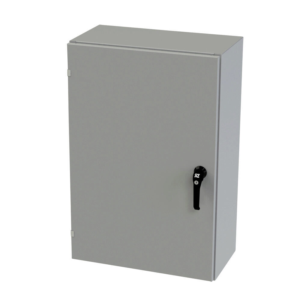 SCE-36EL2412LPPL - Saginaw Enviroline series enclosure, NEMA 3R/4/12/13, 36 x 24 x 12in (HxWxD), wall mount, carbon steel, ANSI 61 gray, powder coat finish, single-door, 3-point keylocking/padlocking combo handle.