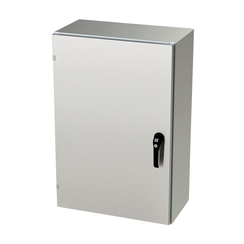 SCE-36EL2412SS6LPPL - Saginaw Enviroline series enclosure, NEMA 3R/4/4X/12/13, 36 x 24 x 12in (HxWxD), wall mount, 316L stainless steel, #4 brush finish, single-door, 3-point keylocking/padlocking combo handle.
