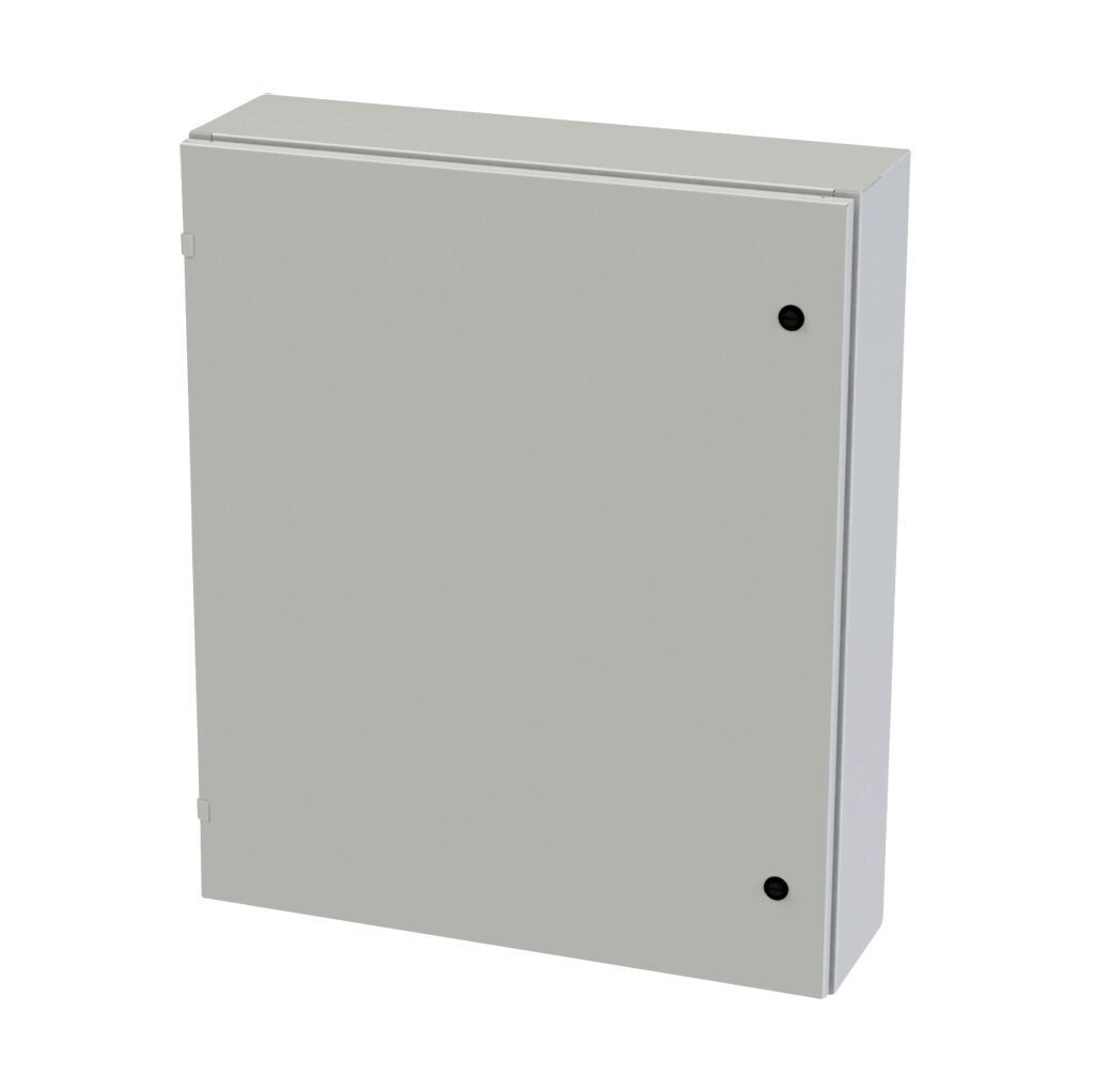 SCE-36EL3008LPLG - Saginaw Enviroline series enclosure, NEMA 3R/4/12/13, 36 x 30 x 8in (HxWxD), wall mount, carbon steel, RAL 7035 light gray, powder coat finish, single-door, 1/4-turn semi-flush latch.
