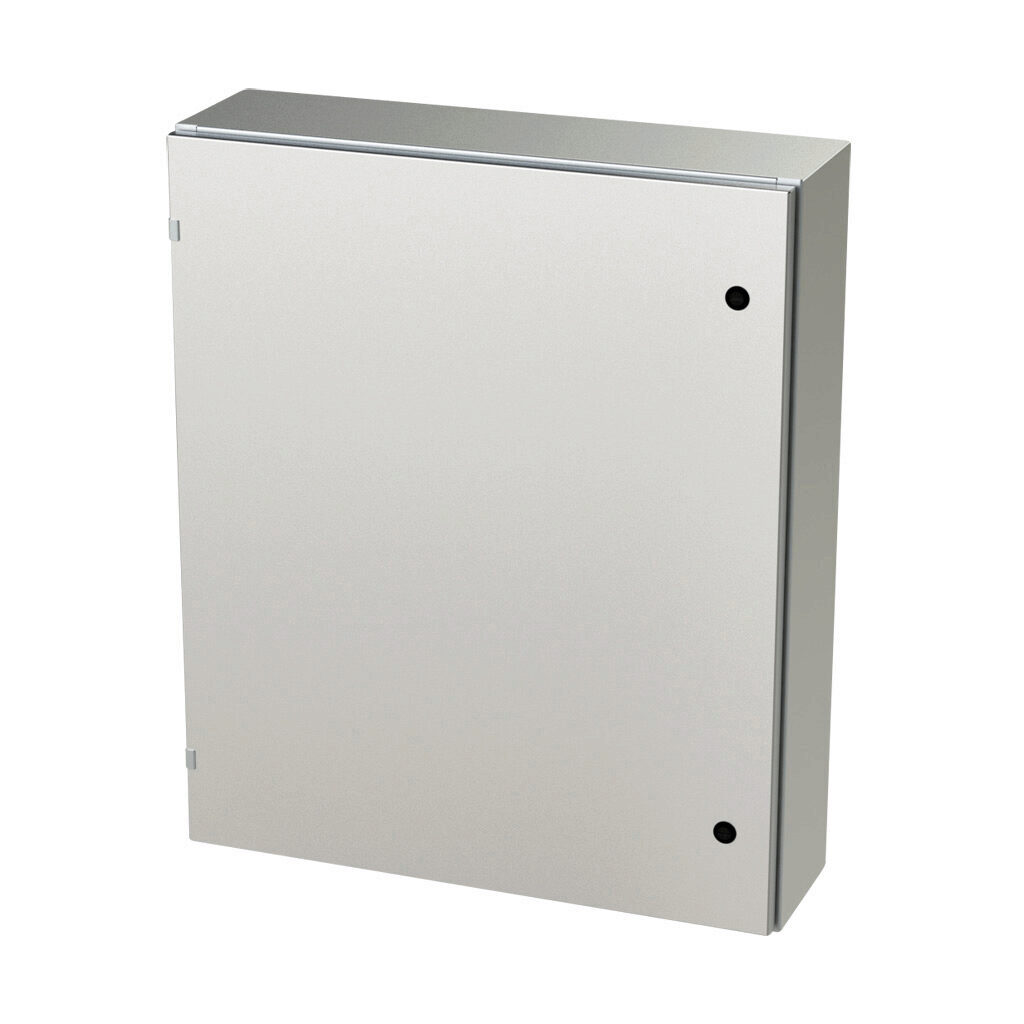 SCE-36EL3008SSLP - Saginaw Enviroline series enclosure, NEMA 3R/4/4X/12/13, 36 x 30 x 8in (HxWxD), wall mount, 304 stainless steel, #4 brush finish, single-door, 1/4-turn semi-flush latch.