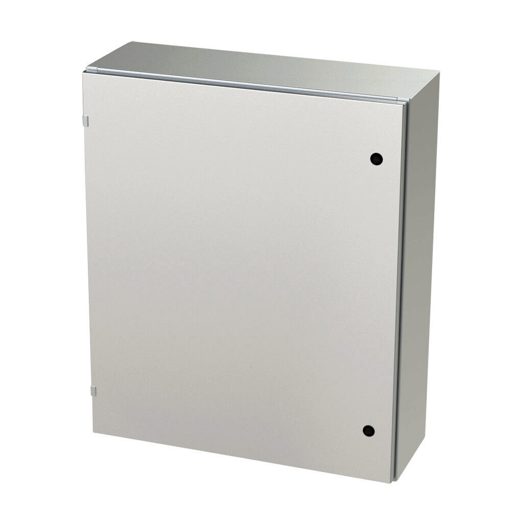 SCE-36EL3010SSLP - Saginaw Enviroline series enclosure, NEMA 3R/4/4X/12/13, 36 x 30 x 10in (HxWxD), wall mount, 304 stainless steel, #4 brush finish, single-door, 1/4-turn semi-flush latch.