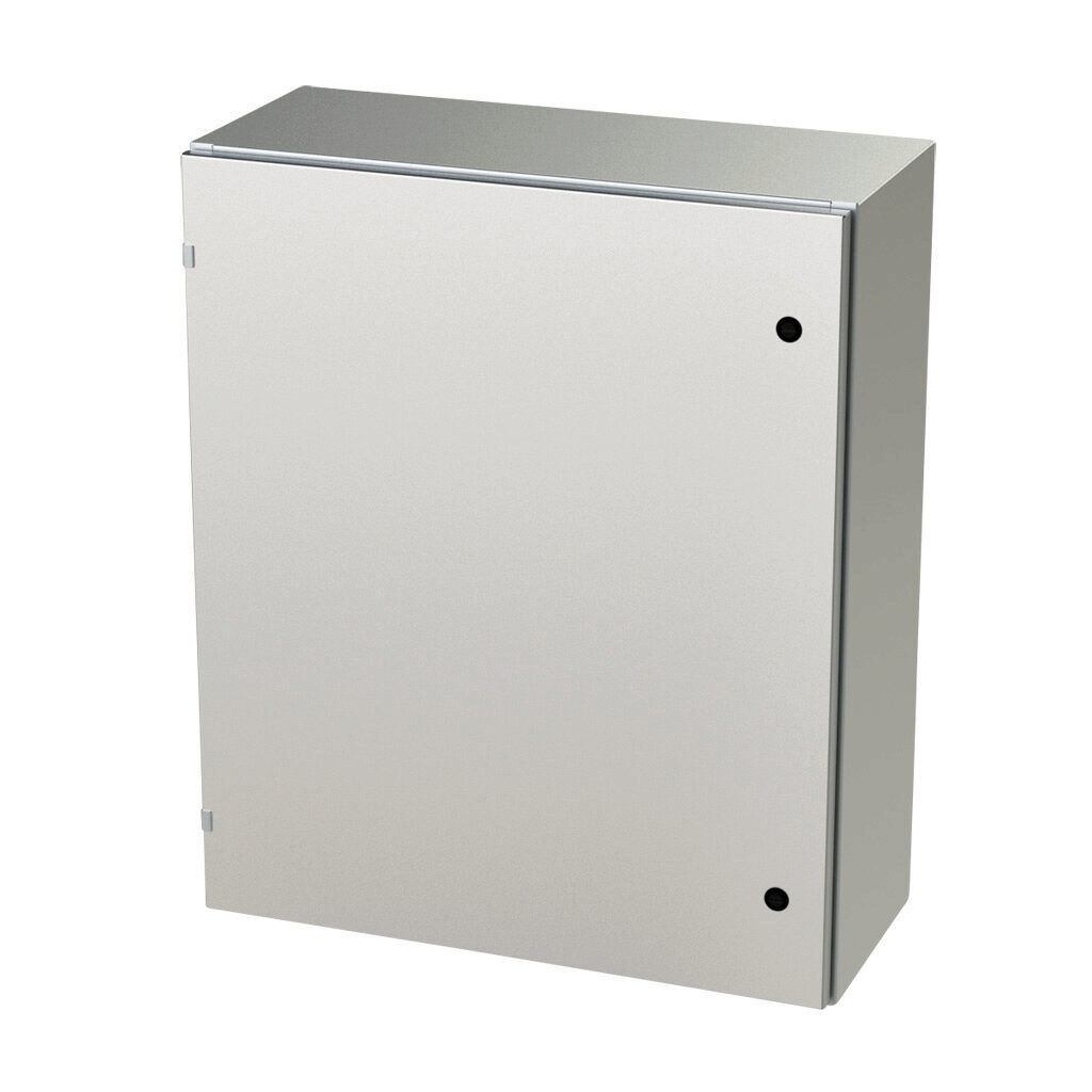 SCE-36EL3012SS6LP - Saginaw Enviroline series enclosure, NEMA 3R/4/4X/12/13, 36 x 30 x 12in (HxWxD), wall mount, 316L stainless steel, #4 brush finish, single-door, 1/4-turn semi-flush latch.