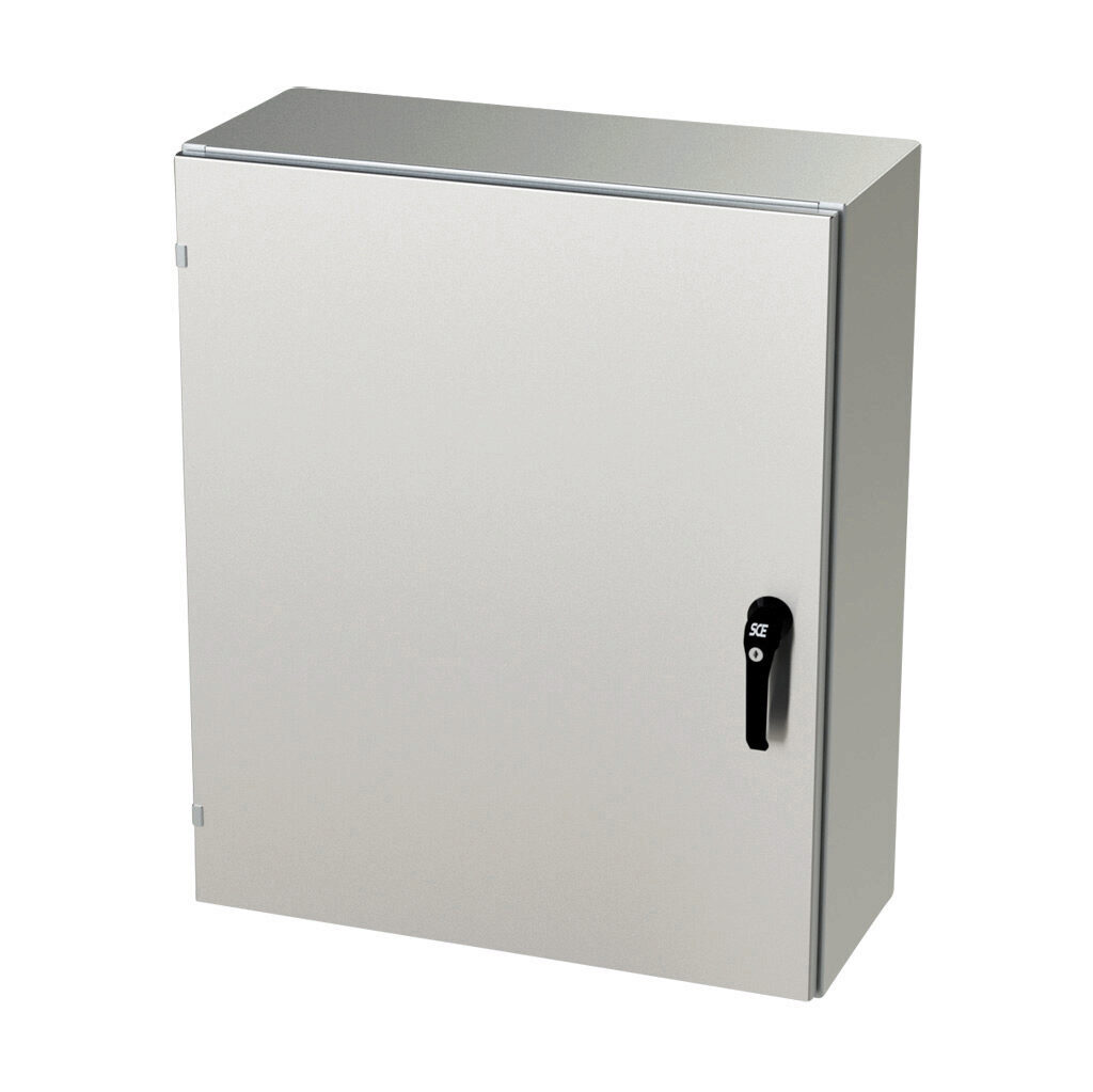 SCE-36EL3012SS6LPPL - Saginaw Enviroline series enclosure, NEMA 3R/4/4X/12/13, 36 x 30 x 12in (HxWxD), wall mount, 316L stainless steel, #4 brush finish, single-door, 3-point keylocking/padlocking combo handle.