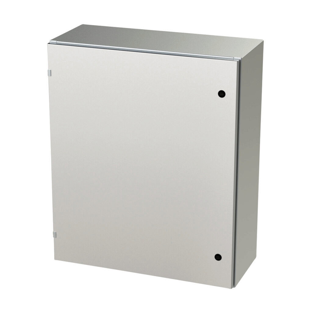 SCE-36EL3012SSLP - Saginaw Enviroline series enclosure, NEMA 3R/4/4X/12/13, 36 x 30 x 12in (HxWxD), wall mount, 304 stainless steel, #4 brush finish, single-door, 1/4-turn semi-flush latch.