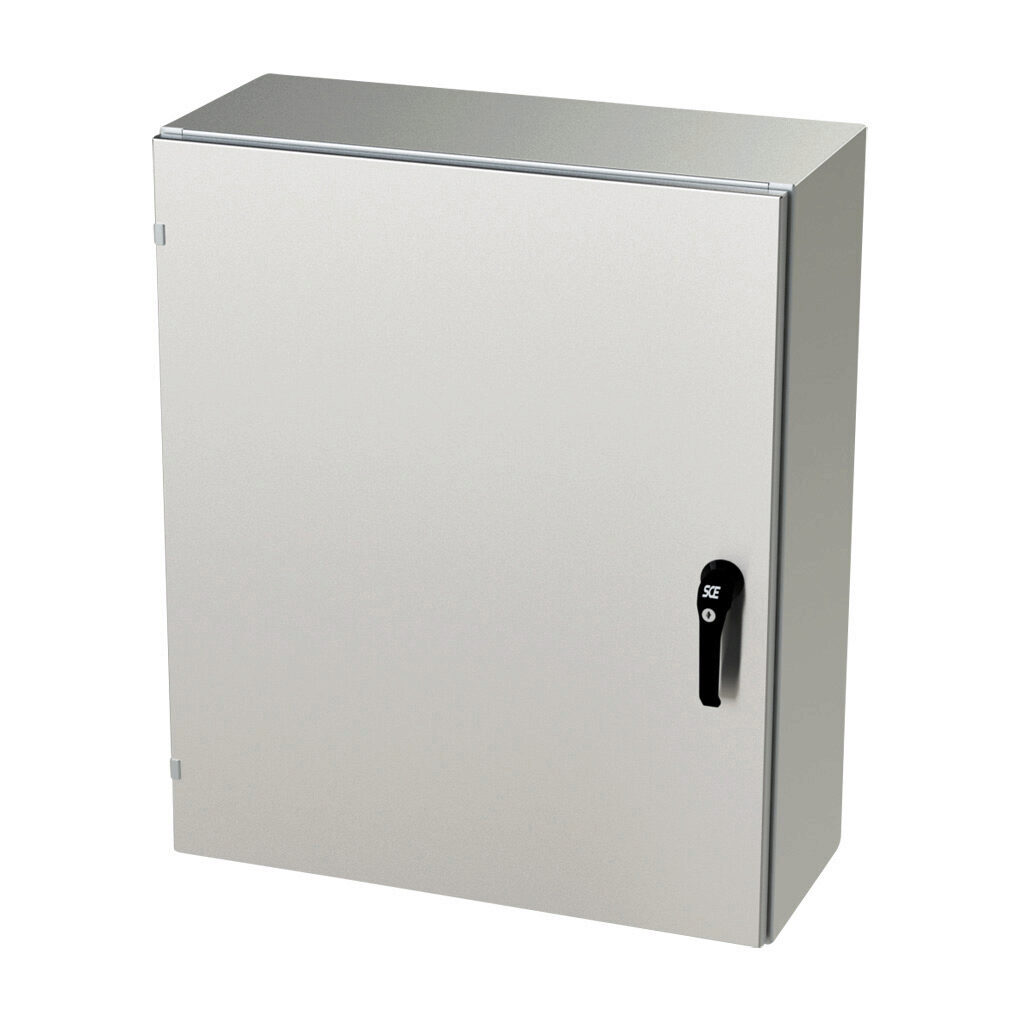 SCE-36EL3012SSLPPL - Saginaw Enviroline series enclosure, NEMA 3R/4/4X/12/13, 36 x 30 x 12in (HxWxD), wall mount, 304 stainless steel, #4 brush finish, single-door, 3-point keylocking/padlocking combo handle.