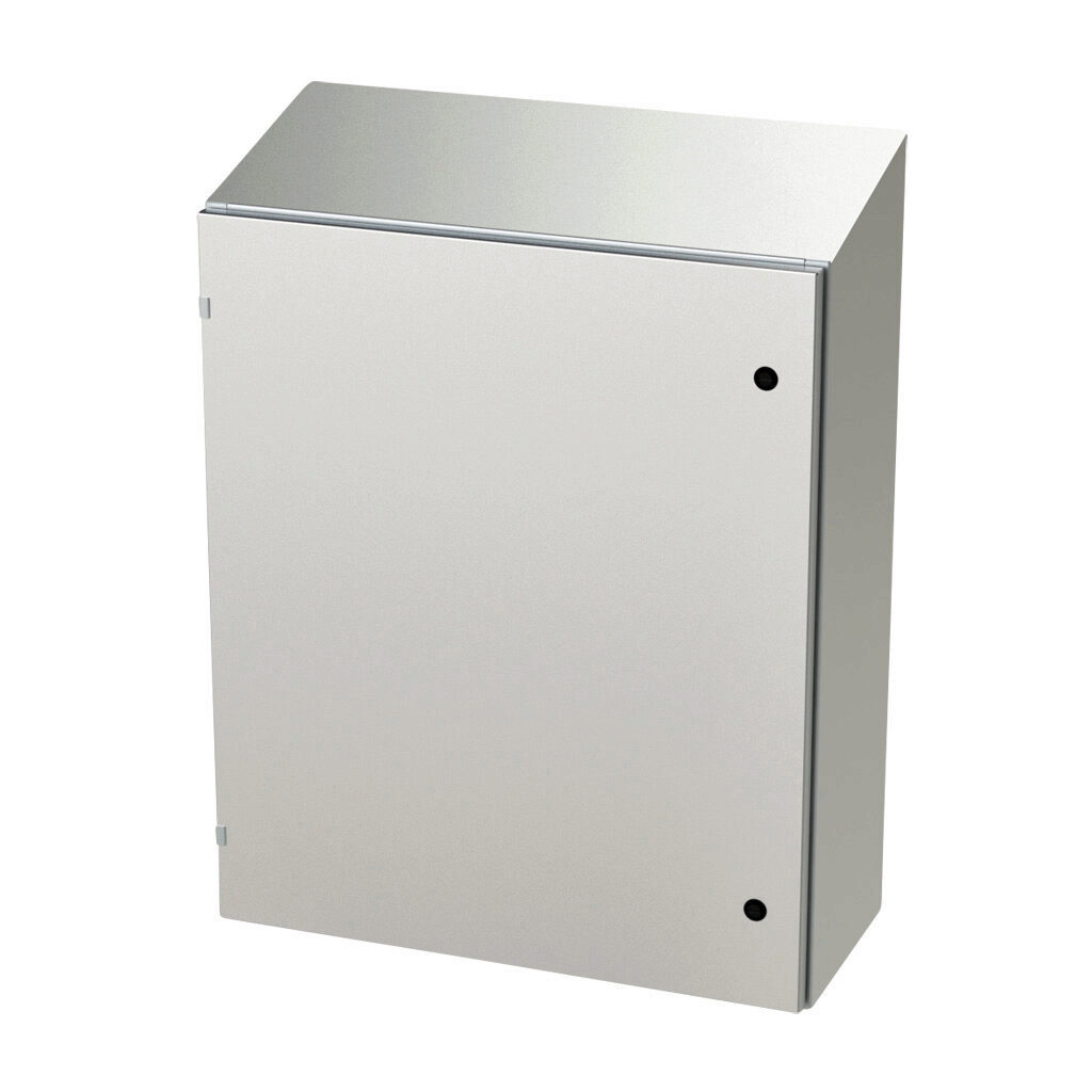 SCE-36EL3012SSST - Saginaw Enviroline series enclosure, slope top, NEMA 3R/4/4X/12/13, 36 x 30 x 12in (HxWxD), wall mount, 304 stainless steel, #4 brush finish, single-door, 1/4-turn semi-flush latch.