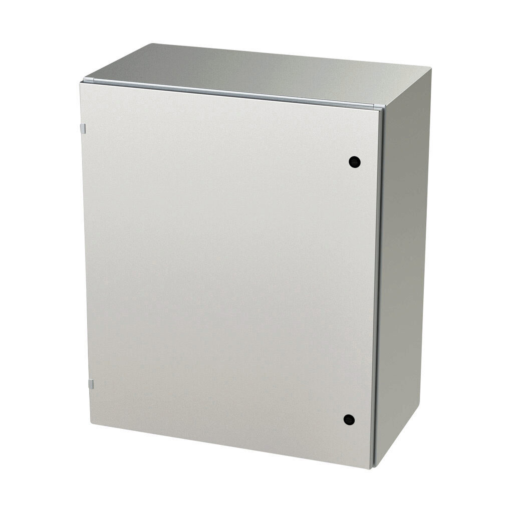 SCE-36EL3016SSLP - Saginaw Enviroline series enclosure, NEMA 3R/4/4X/12/13, 36 x 30 x 16in (HxWxD), wall mount, 304 stainless steel, #4 brush finish, single-door, 1/4-turn semi-flush latch.